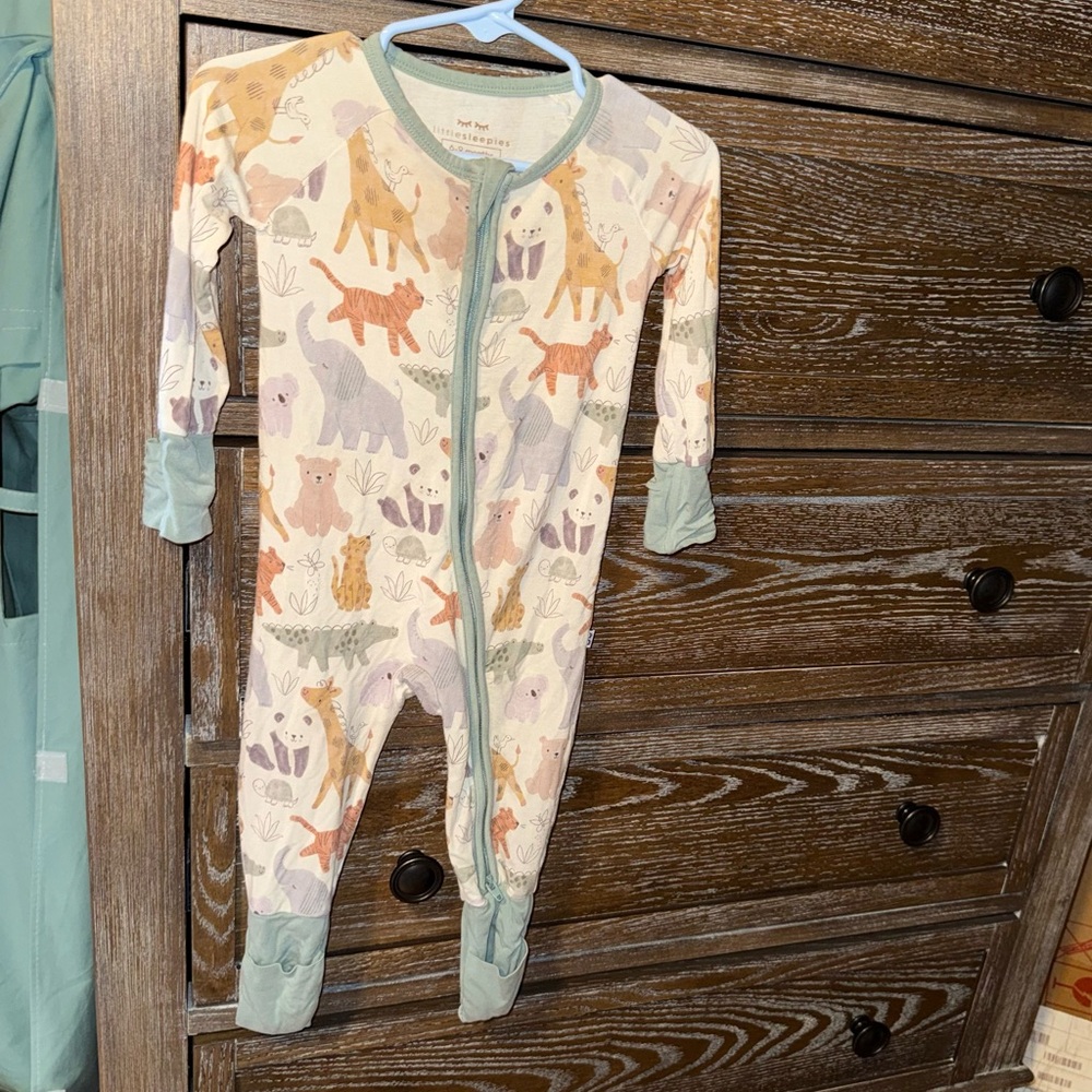 Little Sleepies Cream Animal Print Footie with Mint Trim